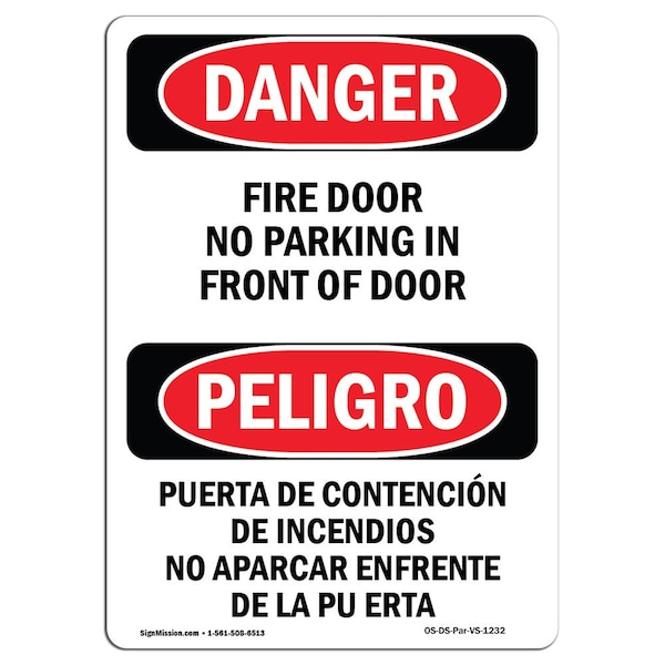 OSHA Sign, Fire Door No Parking Bilingual, 18in X 12in Aluminum, 12" W, 18" L, Bilingual Spanish